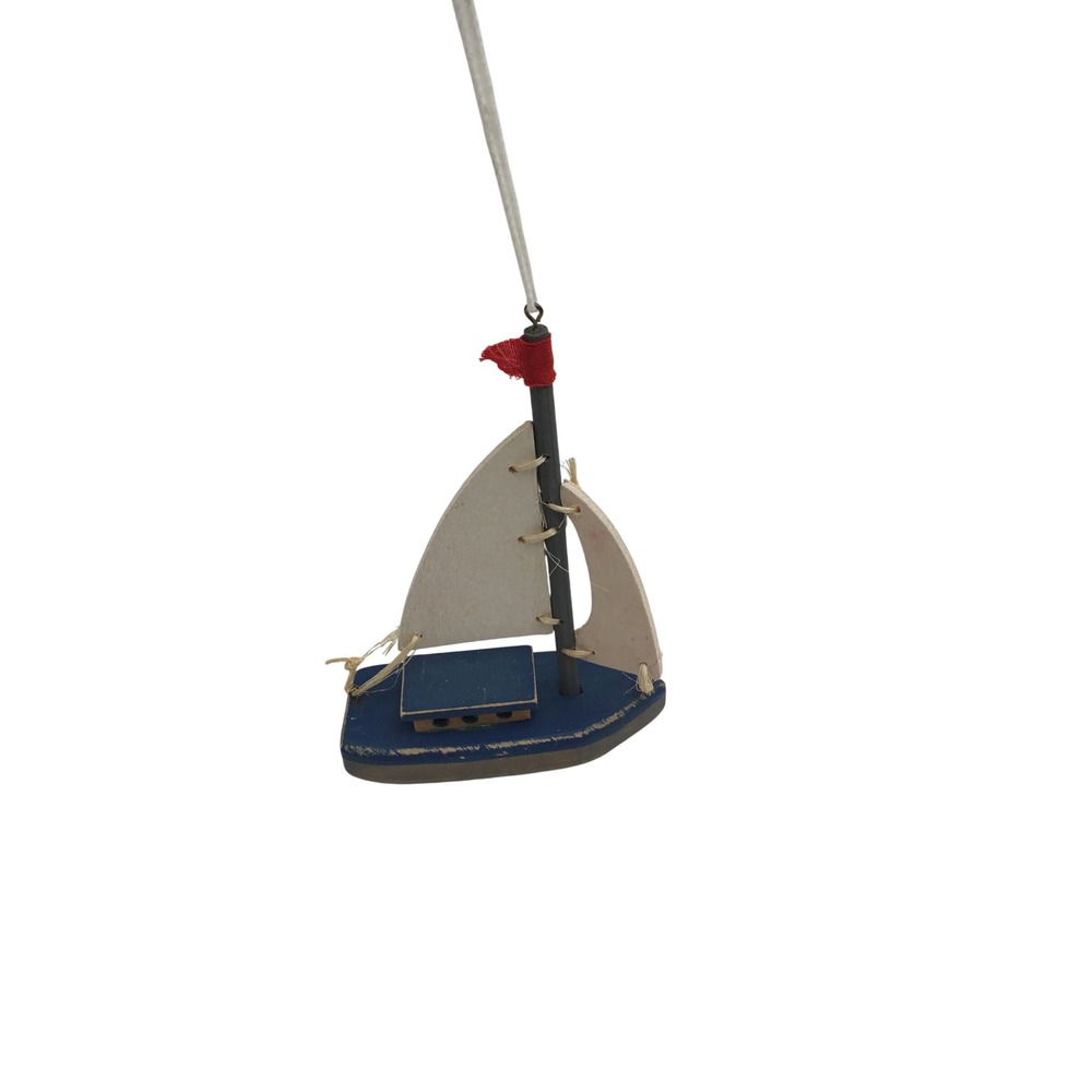 Rustic Wooden Sailboat Christmas Ornament Nautical Navy Blue Miniature Boat